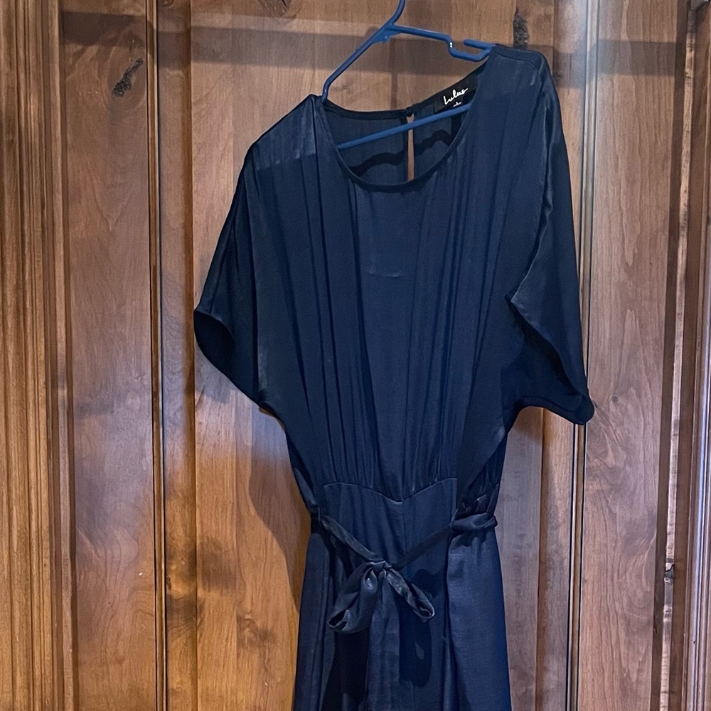 Lulus Mirabella Navy Blue Satin Short Sleeve Wide-Leg Jumpsuit
